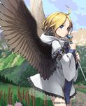  ahoge bad_id bad_pixiv_id black_wings blonde_hair blue_eyes cloud day hood lena_(zoal) mountain shingeki_no_bahamut short_hair sky solo staff wings 