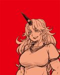  bad_id bad_pixiv_id breasts horn hoshiguma_yuugi large_breasts monochrome pointy_ears red red_background shirt simple_background sixxxx smile smirk solo t-shirt touhou 