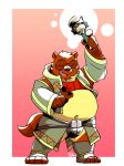  2019 anthro belly black_nose brown_fur bulge canid canine clothed clothing eyes_closed fur humanoid_hands male mammal navel overweight overweight_male raccoon_dog realiron_(artist) simple_background solo tanuki teeth 