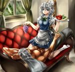  1girl banana blue_eyes braid clock couch curtains dante_(devil_may_cry) devil_may_cry food fruit grapes holding izayoi_sakuya looking_at_viewer maid maid_headdress muscle nagare no_shoes open_mouth pillow shirtless short_hair short_sleeves silver_hair socks straddling touhou tray twin_braids window 