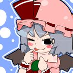  ;q alternate_hair_color ascot bad_id bad_pixiv_id bat_wings black_eyes blush_stickers finger_to_mouth hat hat_ribbon kinugoshi-doufu_(okaratt) one_eye_closed remilia_scarlet ribbon seductive_smile short_hair silver_hair smile solo tongue tongue_out touhou undressing wings wrist_cuffs 