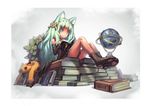  animal_ears bad_id bad_pixiv_id book book_stack cat_ears elbow_gloves globe gloves green_eyes green_hair holding holding_book long_hair observerz open_book open_mouth original paws reading sitting sitting_on_books smile solo 