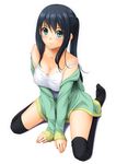  arm_support bad_id bad_pixiv_id bangs bare_shoulders black_hair black_legwear blush body_blush breasts chiro cleavage collarbone full_body green_eyes large_breasts light_smile long_hair looking_at_viewer no_shoes off_shoulder original ponytail seiza simple_background sitting solo strap_slip thighhighs white_background 