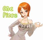  bare_shoulders brown_eyes character_name copyright_name hand_on_hip looking_at_viewer maeda_risou money_gesture nami_(one_piece) one_piece orange_hair short_hair sketch solo tongue tongue_out white_background 