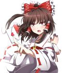  bad_id bad_pixiv_id blush bow brown_hair detached_sleeves e.o. hair_bow hair_tubes hakurei_reimu heart highres letter love_letter open_mouth ponytail red_eyes short_hair solo touhou tsundere white_background wide_sleeves 