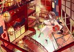  architecture barefoot bridge brown_hair east_asian_architecture japanese_clothes kimono lantern original red_eyes sakuragi_kei socks solo water 