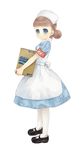  armband blue_eyes blush box brown_hair cardboard_box double_bun dress full_body holding looking_at_viewer mary_janes nurse original pantyhose shoes simple_background smile solo striped striped_dress takanashi white_background white_legwear 