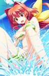  absurdres ahoge bare_shoulders bikini blush bou breast_hold breasts cloud day hair_intakes highres kagami_sumika large_breasts long_legs looking_down muvluv navel open_mouth red_eyes red_hair scan short_hair sky solo striped striped_bikini swimsuit underboob wardrobe_malfunction water water_slide 