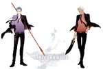  alternate_costume archer blue_hair dark_skin dark_skinned_male fate/stay_night fate_(series) formal gae_bolg kanshou_&amp;_bakuya lancer long_hair male_focus multiple_boys necktie polearm ponytail shizimi0218 spear suit sword weapon white_hair 