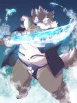  2018 anthro belly blush bulge canid canine canis clothing domestic_dog fundoshi humanoid_hands japanese_clothing male mammal melee_weapon moritaka navel overweight overweight_male scar solo sword tokyo_afterschool_summoners underwear video_games weapon yaoyasohachi 
