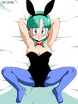  animal_ears blue_eyes blush breasts bulma bunny_ears bunny_girl cleavage dragon_ball green_hair looking_at_viewer old_school_academy smile solo spread_legs 