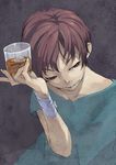  bandages brown_eyes brown_hair glass holding ice ice_cube maeda_risou male_focus original solo tea 