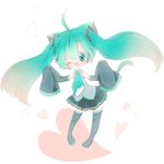  ahoge animal_ears boots cat_ears cat_tail detached_sleeves floating_hair green_eyes green_hair hatsune_miku headset heart long_hair necktie one_eye_closed open_mouth shii_(cocoa) skirt sleeves_past_wrists solo tail thigh_boots thighhighs twintails very_long_hair vocaloid 