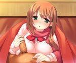  1girl achiga_school_uniform bad_id bad_pixiv_id blanket blush breasts brown_hair cardigan green_eyes handjob hetero huge_breasts long_hair looking_at_viewer matsumi_yuu nekoume open_mouth penis saki saki_achiga-hen scarf 