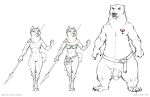  2018 adam_wan balls belt black_and_white black_nose bra breasts canid canine canis clothing duo female foot_wraps fur hi_res humanoid_penis larger_male male mammal melee_weapon monochrome mostly_nude navel nipples nude paws penis polearm simple_background size_difference sketch small_breasts smaller_female spear standing tattoo tribal underwear url ursid weapon white_background wolf wraps 