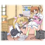  bad_id bad_pixiv_id bed blonde_hair brown_hair calendar_(object) cornpotage03 fate_testarossa hair_ribbon long_sleeves lowres lyrical_nanoha mahou_shoujo_lyrical_nanoha mahou_shoujo_lyrical_nanoha_a's multiple_girls no_legwear open_mouth purple_eyes red_eyes red_ribbon ribbon school_uniform seishou_elementary_school_uniform short_twintails socks takamachi_nanoha twintails 