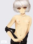  bare_shoulders black_rock_shooter bob_cut brown_eyes flat_chest looking_at_viewer navel nipples short_hair silver_hair simple_background solo strength_(black_rock_shooter) takanashi unzipped white_background zipper 