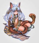  animal_ears bad_id bad_pixiv_id bikini blue_eyes blue_hair cat_ears cobra_(animal) elbow_gloves flat_chest gloves grey_background hair_ornament knife looking_at_viewer monster_girl navel observerz original simple_background snake snake_hair solo striped striped_legwear swimsuit thighhighs 