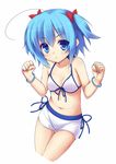  ahoge bad_id bad_pixiv_id bikini bikini_shorts blue_eyes blue_hair blush bracelet clenched_hands copyright_request front-tie_top highres jewelry liong looking_at_viewer navel shiny shiny_skin short_hair shorts solo swimsuit thigh_gap twintails 