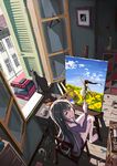  1girl art_brush barefoot black_cat black_hair bread bus canvas_(object) cat chair easel flower food glass ground_vehicle highres indoors long_hair motor_vehicle oekaki_musume open_window original paint_stains paintbrush painting painting_(object) sitting spill toilet_paper window 