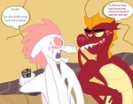  alcohol beer beverage blush dialog dragon duo english_text feral fizzle_(mlp) freckles friendship_is_magic garble_(mlp) gay kl0ndike klondike male my_little_pony outside red_body scalie text white_body wings 