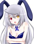  animal_ears bare_shoulders blue_leotard blush breasts bunny_ears bunnysuit cleavage detached_collar heterochromia highres infinite_stratos laura_bodewig leotard long_hair medium_breasts no_eyepatch open_mouth red_eyes silver_hair solo torone_(emerada121) white_background yellow_eyes 