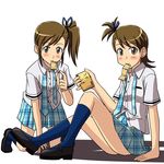  all_fours arm_support brown_eyes brown_hair condom condom_in_mouth condom_packet_strip condom_wrapper flipped_hair futami_ami futami_mami idolmaster idolmaster_(classic) lielos looking_at_viewer mouth_hold multiple_girls necktie plaid plaid_skirt rough_time_school school_uniform short_hair siblings side_ponytail sitting skirt smile twins untied 