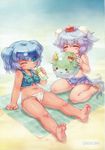  artist_name ball barefoot beach beachball bikini blue_eyes closed_eyes drinking ex-keine feet hat highres holding inubashiri_momiji juice_box kamishirasawa_keine kamishirasawa_keine_(hakutaku) kawashiro_nitori multiple_girls navel non-web_source one_eye_closed sankuma short_hair silver_hair sitting sleeveless soles sukusuku_hakutaku sweat swimsuit tail tokin_hat touhou towel two_side_up visor_cap wariza wolf_tail 