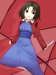  black_eyes bob_cut brown_hair jacket japanese_clothes kara_no_kyoukai kimono knife level.21 parted_lips reverse_grip ryougi_shiki short_hair smile solo 