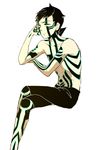  1boy atlus black_hair bored frown glowing highres hitoshura lian_you male male_focus paraparadiso shin_megami_tensei shin_megami_tensei_iii:_nocturne shin_megami_tensei_nocturne simple_background sitting solo tattoo white_background yellow_eyes 