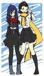  ai-wa digital_media_player genderswap genderswap_(mtf) hairband long_hair mochizuki_ryouji multiple_girls pantyhose persona persona_3 ribbon scarf school_uniform short_hair simple_background skirt yellow_scarf yuuki_makoto 