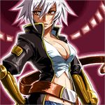  belt blazblue blazblue:_chronophantasma breasts bullet_(blazblue) cleavage large_breasts lowres navel oekaki pink_eyes purple_background short_hair solo white_hair zill_(lisalisa1983) 