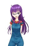  arms_behind_back dr._slump glasses long_hair maeda_risou norimaki_arale over-rim_eyewear overalls purple_eyes purple_hair semi-rimless_eyewear simple_background solo tongue tongue_out white_background 