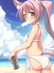  animal_ears ass bad_id bad_pixiv_id beach bikini blush can cloud day food fox_ears from_behind long_hair looking_back mouth_hold nahu original outdoors pink_eyes pink_hair ponytail popsicle side-tie_bikini sky soda_can solo swimsuit tail white_bikini 