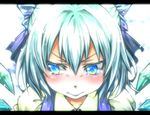  aqua_eyes aqua_hair blue_dress blush bow cirno dress face hair_bow letterboxed nora_wanko shirt short_hair solo tears touhou upper_body wings 