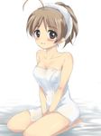  ahoge alternate_hairstyle azumada black_eyes blush brown_hair eyebrows lynette_bishop naked_towel solo strike_witches towel world_witches_series 