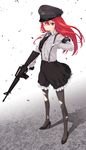  armband assault_rifle gloves gun hat high_heels holding long_hair m16a1 maeda_risou military military_uniform necktie original pantyhose peaked_cap red_eyes red_hair rifle shadow shoes solo standing suspenders torn_clothes torn_legwear uniform weapon white_gloves wind 