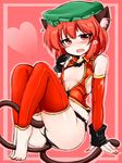  alternate_costume animal_ears areola_slip areolae barefoot blush breasts brown_hair cat_ears cat_tail chen covered_nipples crotchless_panties fang fingerless_gloves full_body gloves hat heart masturbation multiple_tails nipples okiraku_nikku open_mouth panties pussy red_eyes red_hair red_legwear revealing_clothes short_hair sketch small_breasts solo tail tail_masturbation thighhighs toeless_legwear touhou underwear 