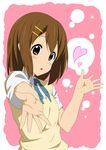  blush_stickers brown_eyes brown_hair hair_ornament hairclip heart highres hirasawa_yui iyakun k-on! official_style open_mouth outstretched_hand sakuragaoka_high_school_uniform school_uniform short_hair short_sleeves solo sweater_vest 