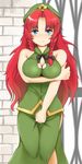  bad_id bad_pixiv_id bare_arms bare_shoulders blue_eyes blush bow braid breast_hold breasts cleavage cleavage_cutout covering covering_crotch gate ginji74 hair_ribbon hat have_to_pee highres hong_meiling large_breasts long_hair looking_at_viewer red_hair ribbon shirt side_slit skirt skirt_set smile solo star sweat touhou twin_braids very_long_hair wall 