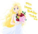  birthday blonde_hair blue_eyes blush bouquet carnation dress flower long_hair nashi_(starfish0115) ribbon rose ryuumonbuchi_touka saki smile solo sundress sunflower white_dress 