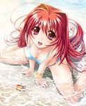  :d absurdres ahoge artist_request bare_legs bare_shoulders bikini blue_bikini bracelet breasts cleavage collarbone crab from_above hair_intakes highres huge_filesize jewelry kagami_sumika long_hair looking_at_viewer medium_breasts muvluv official_art open_mouth partially_submerged purple_eyes red_hair sitting smile solo swimsuit very_long_hair wariza water 