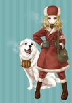  armband bag bangs barrel belt belt_pouch blonde_hair blush boots breath cross-laced_footwear curly_hair dog fur_trim gloves hand_on_hip handbag hat long_hair looking_at_viewer original pouch purple_eyes shoulder_bag sitting smile solo striped striped_background takanashi 