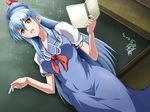  blue_hair blush book chalk chalkboard dress firopito hat kamishirasawa_keine long_hair open_book open_mouth red_eyes solo sparkle touhou translated 