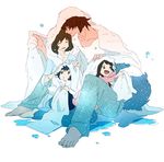  2girls ame_(ookami_kodomo) barefoot black_hair brown_hair closed_eyes en_(enxxx) family father_and_daughter father_and_son hana_(ookami_kodomo) long_hair mother_and_daughter mother_and_son multiple_boys multiple_girls ookami_kodomo_no_ame_to_yuki ookami_otoko short_hair smile tail towel wet yuki_(ookami_kodomo) 