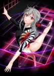 2012_summer_olympics ahoge bad_id bad_pixiv_id barefoot bow cameltoe dancing from_above full_body gymnast_leotard gymnastics hair_bow highres japan leotard long_hair looking_at_viewer olympics open_mouth plantar_flexion ponytail red_eyes silver_hair solo traces vocaloid yowane_haku 