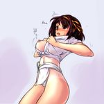  1girl blush breasts brown_eyes brown_hair fundoshi hair_ribbon hairband haruhisky japanese_clothes large_breasts navel nipples open_clothes orange_hairband ribbon short_hair solo surprised suzumiya_haruhi suzumiya_haruhi_no_yuuutsu sweat tan wardrobe_malfunction yamakasa 