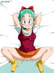  blue_eyes blush bulma dragon_ball green_hair looking_at_viewer old_school_academy panties skirt smile socks solo spread_legs underwear 