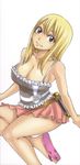  1girl absurdres belt blonde_hair breasts brown_eyes cleavage clevage fairy_tail female frills highres large_breasts lucy_heartfilia mashima_hiro miniskirt official_art sandals shirt skirt thighs 