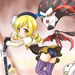  beret blonde_hair charlotte_(madoka_magica) drill_hair gun hat hayashiya_zankurou kyubey magical_girl magical_musket mahou_shoujo_madoka_magica panties thighhighs tomoe_mami twin_drills twintails underwear weapon yellow_eyes younger 